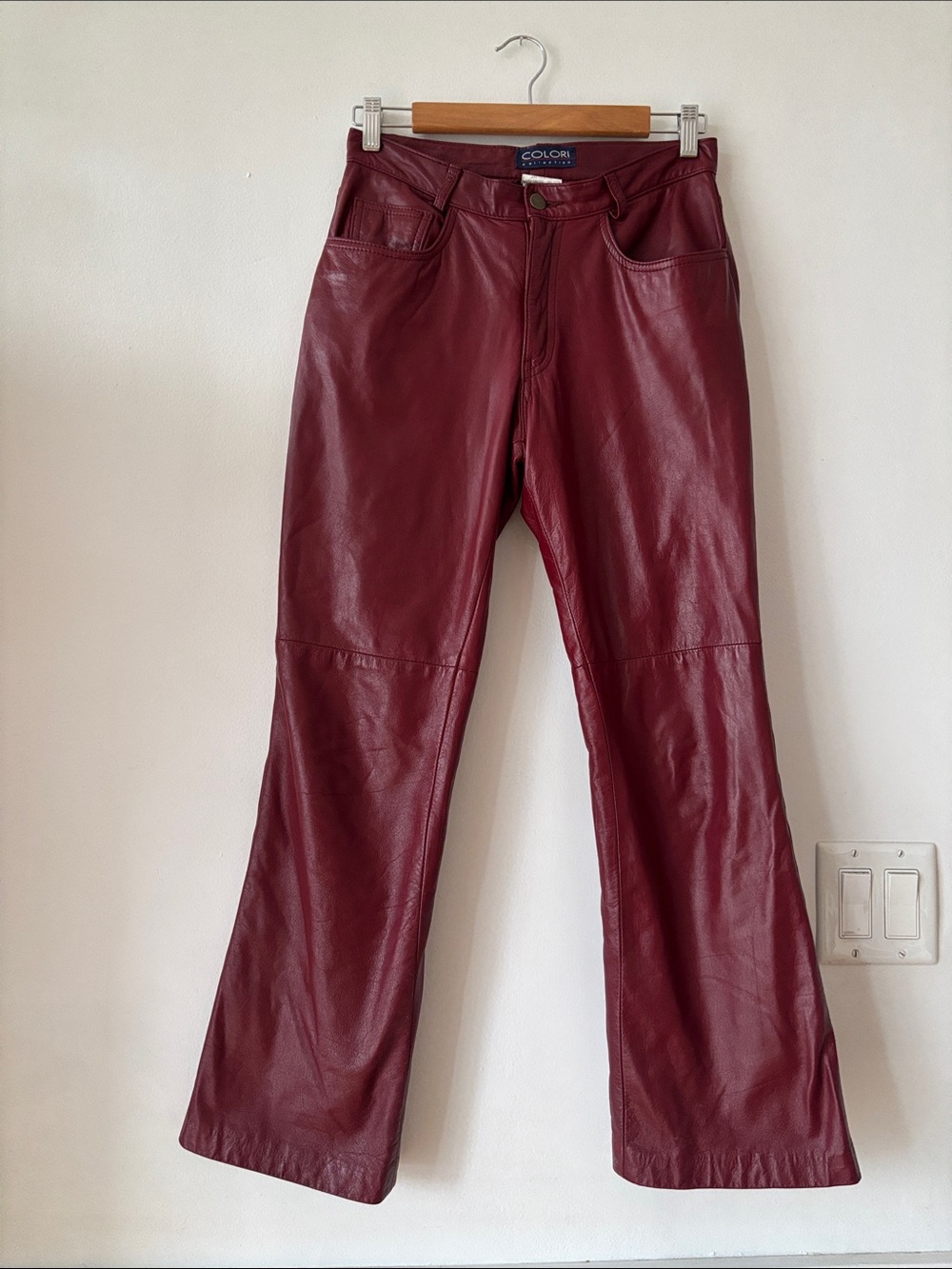 Women's cherry red Leather Straight-Leg Jeans
